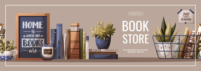 Banner with books and houseplants. Bookstore, bookshop, book lover, reading, interior concept. Vector illustration for advertising, banner, promo. - obrazy, fototapety, plakaty