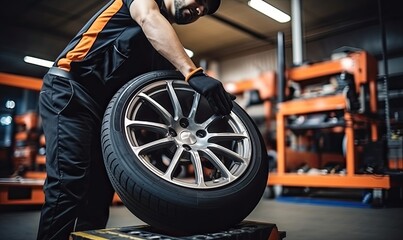 Fototapeta na wymiar Man Fixing Flat Tire in a Well-Equipped Garage