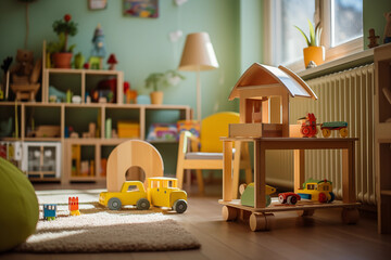 Nursery interior. Wooden toys in children's room. Kids playroom