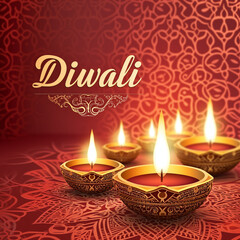 Diwali Festival Greeting Card: Golden Mandalas on a Red Background, Illuminated by Luminous Lanterns with Burning Candles, Crafting a Rich and Festive Atmosphere to Celebrate the Festival of Lights