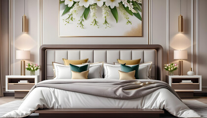 Modern luxury elegant bedroom with spring vibes with flowers and bed with white sheets. interior decoration. Well-appointed interior design. template.