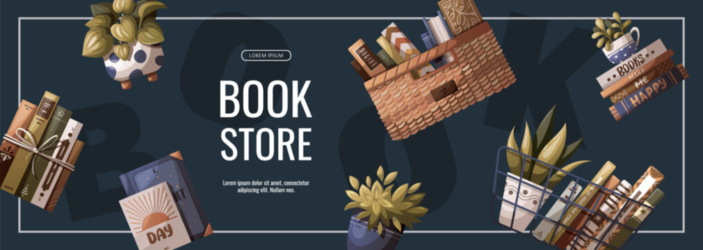 Banner with books and houseplants. Bookstore, bookshop, book lover, reading, interior concept. Vector illustration for advertising, banner, promo.