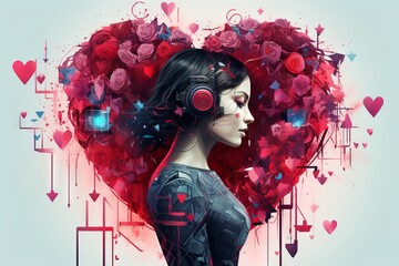 Illustration of young woman with headphones standing over heart background made from lot of roses. Cyberpunk style.