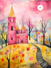 The Easter Church Painting, A Painting Of A Pink Castle