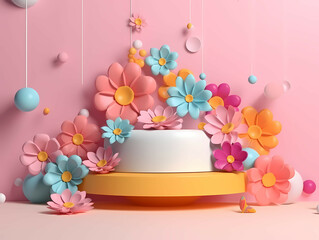 3D Background Happy Birthday, A Cake With Flowers Around It