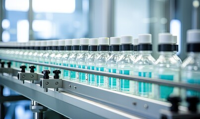A Lineup of Hydrating Bottles on an Automated Conveyor System