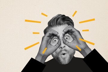 Collage image of speechless shocked black white effect guy arms fingers binoculars look watch...