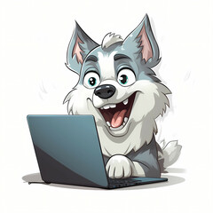 Caricature Of A Siberian Husky, A Cartoon Dog Using A Laptop