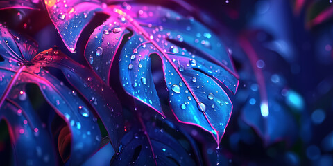 Colorful leaves with raining rain, in the style of neon realism, tropical baroque, mysterious backdrops, junglepunk, dark purple and light cyan - obrazy, fototapety, plakaty