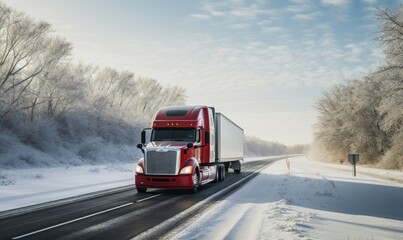 A Vibrant Red Semi Truck Cruising Through a Serene, Snowy Landscape