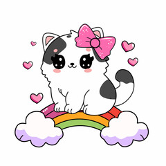 Cute kitten in kawaii style standup on rainbow and cloud with sparkling heart