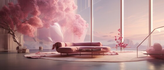Sakura themed minimalist living room interior with panoramic view. Home decor and design. - obrazy, fototapety, plakaty