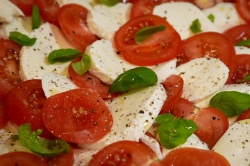 Caprese Salad Close Up - Tomatoes, Mozzarella, Basil, Oil, Salt, Pepper 