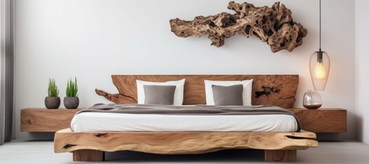Wooden bed frame. Generative AI technology.