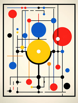 Minimalist Mechanic Art, A Colorful Art Piece With Circles And Lines