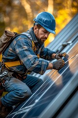 Fototapeta na wymiar Solar Panel Installation: A Man in a Hard Hat Ensures a Clean Energy Future Generative AI