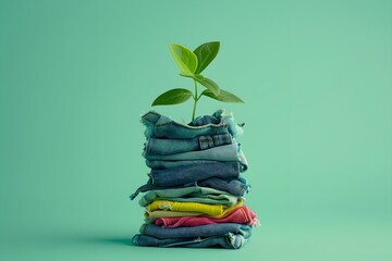 Green plant grows from pile of clothes, sustainability concept
