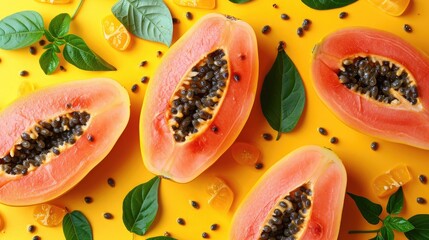slices of papaya, a creative layout to highlight the fruit's freshness and deliciousness, direct top view.