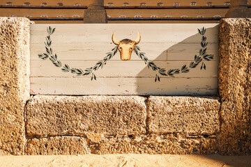 Detail of the barrera in the bullring (Plaza de Toros) of Ronda, Andalusia, Spain. The barrera is...