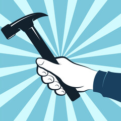 Hammer in the hand of a handyman, symbol for repair and service
