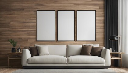 3 Blank poster wooden mock up frames on the wall in living room interior
