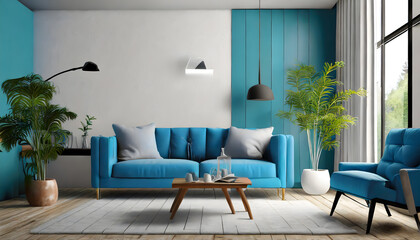Interior of living room with blue sofa 3d rendering. Generative AI.
