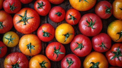 Tomato background. fresh tomatoes creatively arranged, an artistic layout to showcase color and shape. - obrazy, fototapety, plakaty