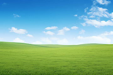 Obraz premium Green Grass On A Vast Grassy Field, A Green Field With Blue Sky And Clouds