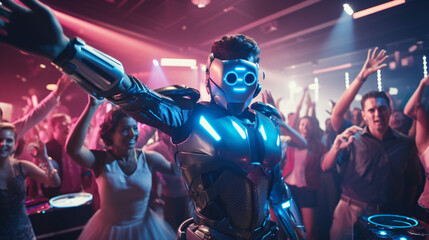 Space suited party goer with modern robotic dance - obrazy, fototapety, plakaty