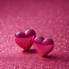 Fototapeta premium Two Hearts On Pink Glitter valentines day concept, copy space