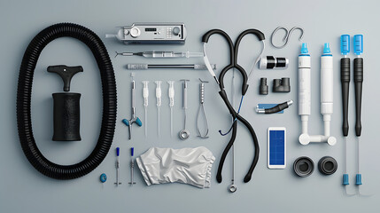 illustration of endoscope equipment used in medicine, surgical room in hospital, set of medical instruments