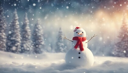 Christmas winter background with snowman in snow and blurred bokeh background

