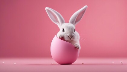 Obraz premium Cute Easter bunny hatching from pink Easter egg isolated on pastel pink background 