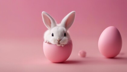 Cute Easter bunny hatching from pink Easter egg isolated on pastel pink background
