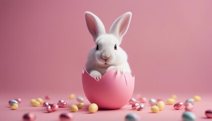 Obraz premium Cute Easter bunny hatching from pink Easter egg isolated on pastel pink background 