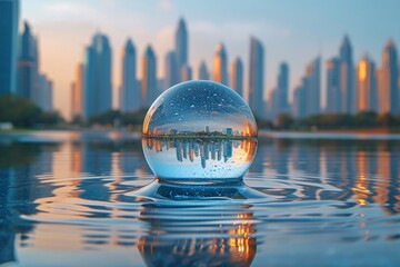 Glowing Glass Sphere Reflecting Skyscrapers and Cityscape Generative AI