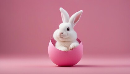 Obraz premium Cute Easter bunny hatching from pink Easter egg isolated on pastel pink background 
