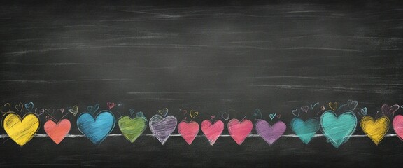 A colourful chalk illustration of hearts in a row on an old vintage blackboard. There is space available for text.