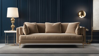 Luxury sofa with lamp in living room interior design on dark blue painted wall background with copy space

