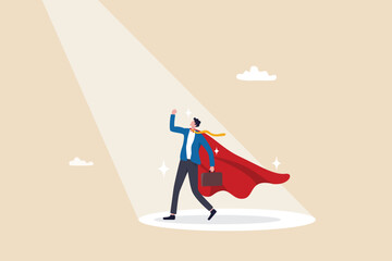 Best success candidate, search for talent, outstanding staff or discover high performance employee, leadership, hiring or recruitment concept, confidence businessman superhero with spotlight shining.