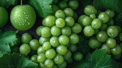 A cluster of fresh green grapes, an artistic arrangement for aesthetic appeal. Grapes background.