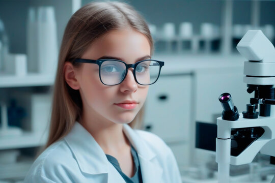 female scientist looking at a microscope