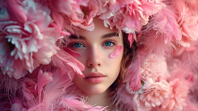 Beautiful young woman in sunlight with pink fethers shiny cosmetic glitter for skin calm happy smiling teenage fashion model party and fashion event