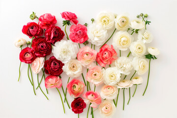 Ranunculus love heart shape bouquet made of white yellow and pink ranunculus on white background