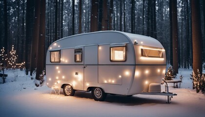 Fototapeta na wymiar a towing caravan standing in the park with led lights in the winter season 