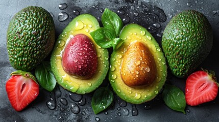Beautiful cuts of avocado, a creative layout to emphasize the fruit's softness and deliciousness, a...