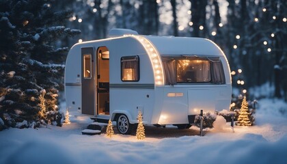 a towing caravan standing in the park with led lights in the winter season
