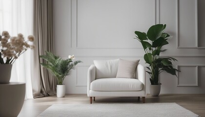 a minimalist room with a single chair and a flower pot, wall color in white tones
