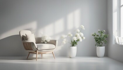 a minimalist room with a single chair and a flower pot, wall color in white tones
