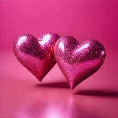 Obraz premium Two Hearts On Pink Glitter valentines day concept, copy space
